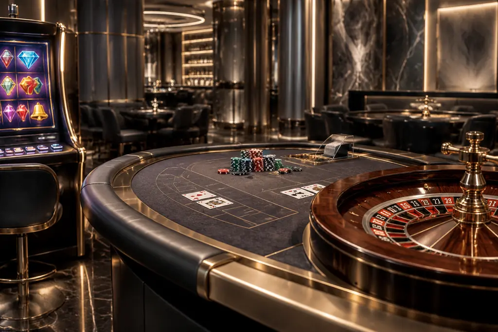 Susunan roda roulette, kartu, dan perangkat slot di ruang kasino