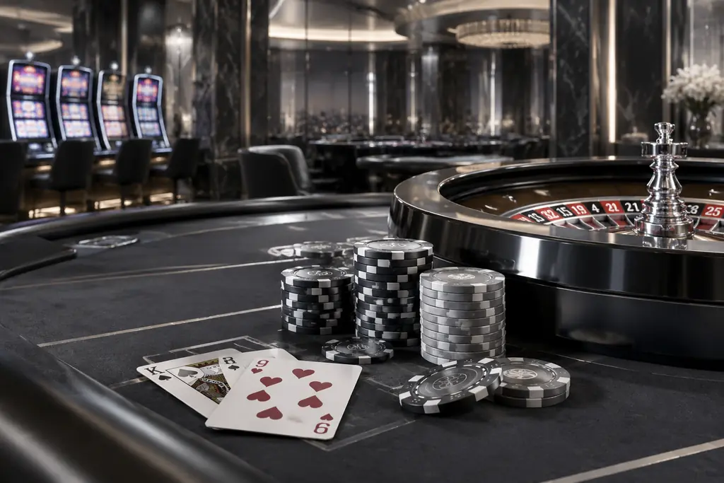 Ilustrasi ruang kasino dengan meja kartu dan roda roulette