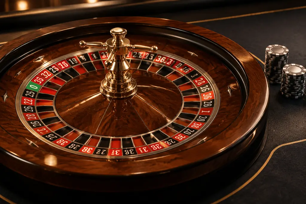 Roda roulette dan bola putih di atas meja kasino